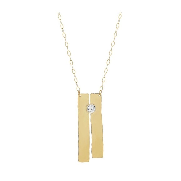 14K Plated Gold Hammered Bar Pendant Necklace with Cubic Zirconia Stone